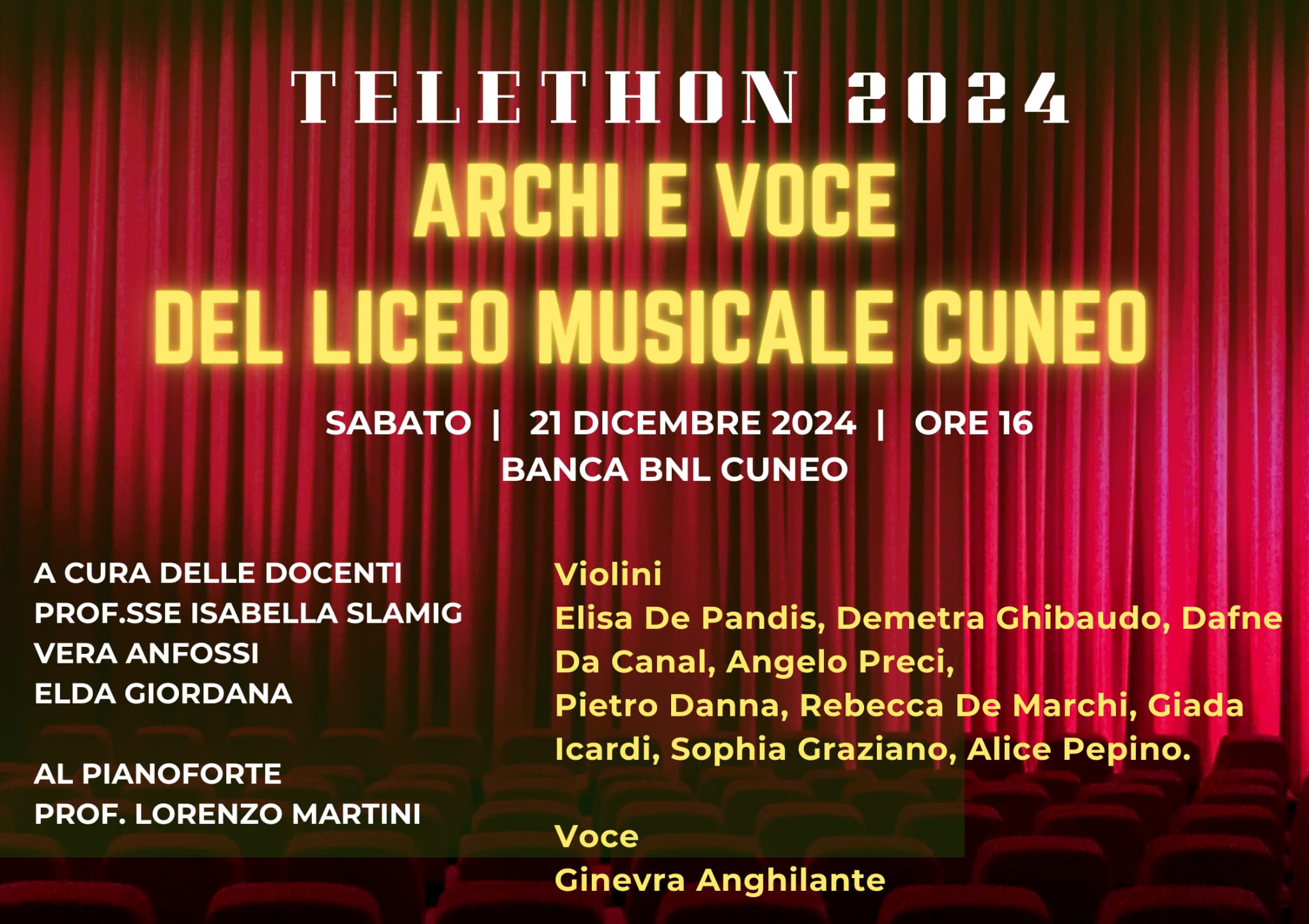 Telethon 2024, esibizione di archi e voce del Liceo musicale di Cuneo Telethon 2024, esibizione di archi e voce del Liceo musicale di Cuneo