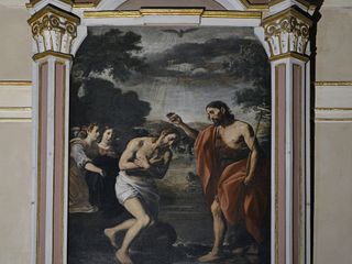 La Pala d’altare del Molineri, dove San Giovanni battezza Gesù Cristo, custodita nel presbiterio della chiesa di San Giovanni Battista di Alba