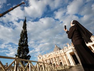 L'arrivo e la posa dell'abete in piazza San Pietro (Ph. Ansa Giupiemofoto)