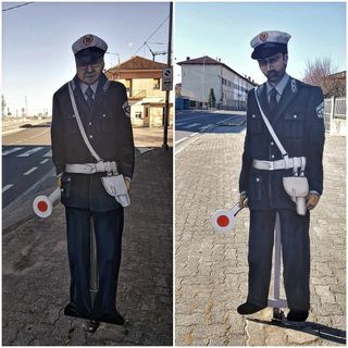 Beppe (il primo a sinistra) e Gianni, i vigili cartonati di Murazzo