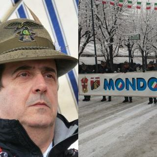 Gianpiero Gazzano, presidente della sezione ANA di Mondovì, e un'immagine di repertorio degli Alpini monregalesi