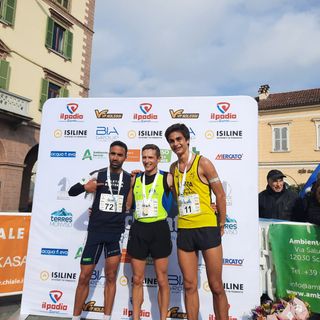 Ayyoub El Bir, Gianluca Ferrato, Elia Mattio podio maschile della Mezza Maratona del Marchesato di SAluzzo