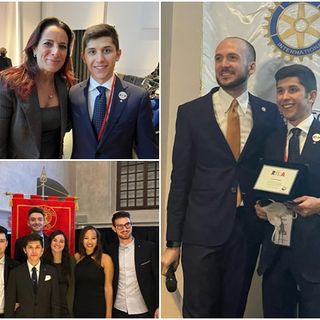 Luca Madala in alto con Antonella Mansi, alla Ryla di Firenze e con alcuni componenti del Rotarac Monviso