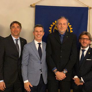 Mauro Camusso, Gualtiero Capellino, Cesare Pallo, Claudio Gilio, Luigi Fassino, Luca Madala durante la conviviale Rotary Saluzzo