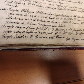 Saluzzo, pagina del faldone dell'archivio parrocchiale del duomo con la registrazione del battesimo di Silvio Pellico - Foto Devis Rosso