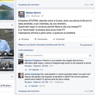 Su Facebook Matteo Salvini interviene sullo stupro avvenuto a Cuneo e chiede la castrazione chimica