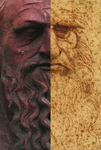 Collage composto da metà testa della statua del Duomo di Saluzzo attribuita a Benedetto Briosco e l'autoritratto di Leonardo del 1511 Collage composto da metà testa della statua del Duomo di Saluzzo attribuita a Benedetto Briosco e l'autoritratto di Leonardo del 1511