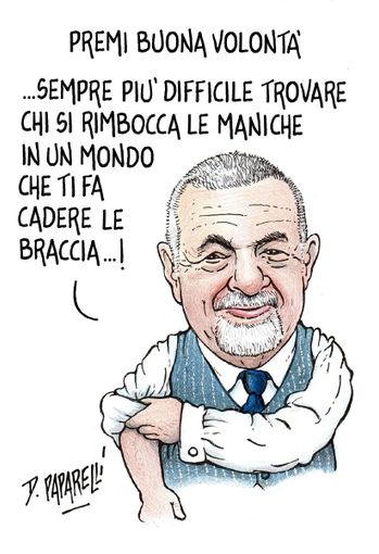 Il Premio della buona volontà e il suo patron Dino Rossetti nella vignetta di Paparelli