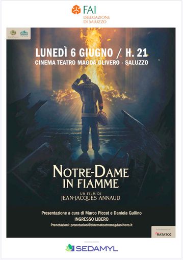 La locandina della serata organizzata dalla Delegazione FAI Saluzzo: la proiezione del film "Notre Dame in fiamme" al cinema Teatro Magda Olivero