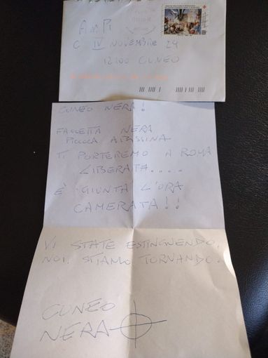 Lettera anonima firmata "Cuneo Nera" recapitata alla sede ANPI di Cuneo