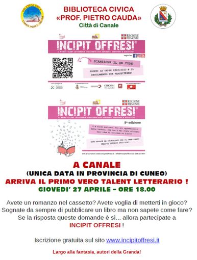 A Canale arriva per la prima volta a livello provinciale la tappa del talent letterario "Incipit Offresi" A Canale arriva per la prima volta a livello provinciale la tappa del talent letterario "Incipit Offresi"
