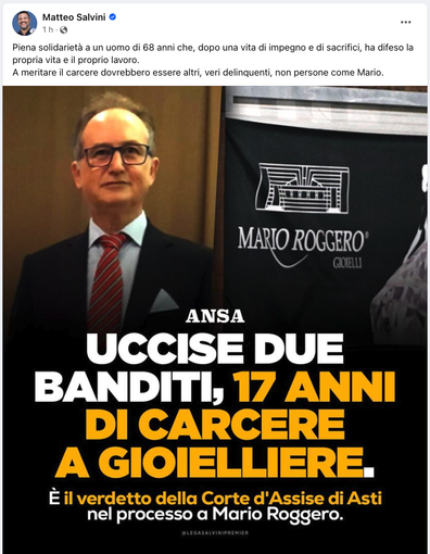 Il post pubblicato dal vicepremier Matteo Salvini