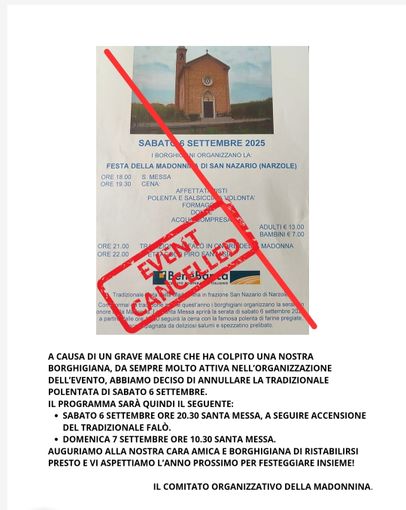 Festa della Madonnina di San Nazario: annullata la tradizionale polentata del 6 settembre 2025