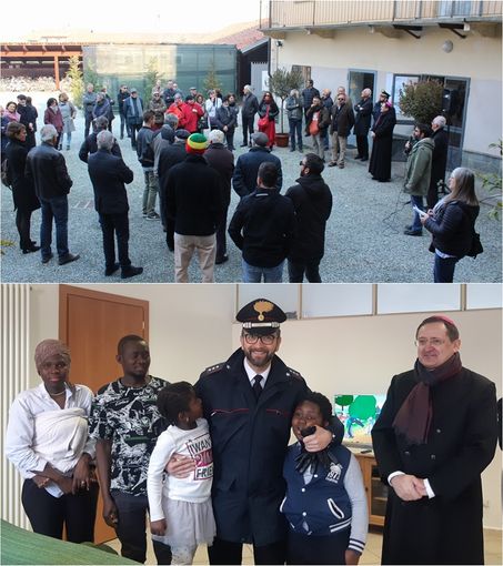 L'inaugurazione dei nuovi spazi di Casa Madre Teresa di Calcutta. La famiglia Dampha, nel nuovo alloggio con il capitano dei Carabinieri Giuseppe Beltempo e il vescovo Cristiano Bodo