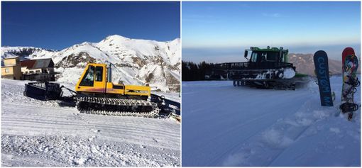 Gatti delle nevi in azione a Crissolo (sinistra) e Pian Munè (destra)