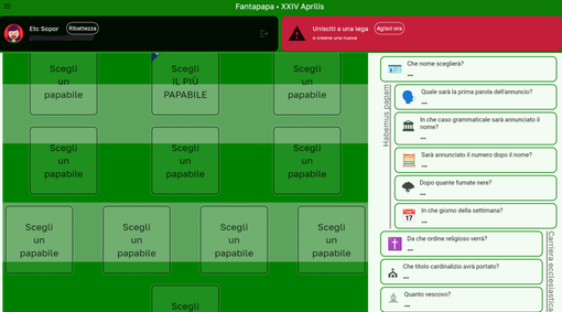 La schermata della "formazione" dei cardinali - Screenshot tratto dal portale fantapapa.org La schermata della "formazione" dei cardinali - Screenshot tratto dal portale fantapapa.org