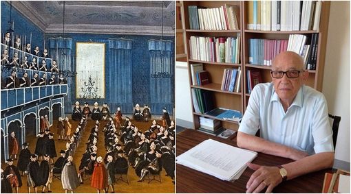 Il musicologo Alberto Basso e un dipinto che ritrae come poteva essere la scena del concerto delle Orfane musiciste nella Chiesa della Pietà di Venezia Il musicologo Alberto Basso e un dipinto che ritrae come poteva essere la scena del concerto delle Orfane musiciste nella Chiesa della Pietà di Venezia