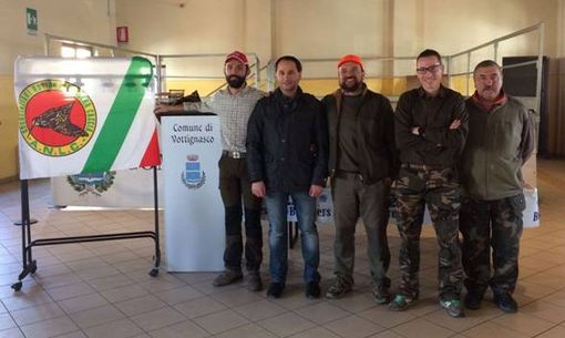 Da sinistra Delegato Cinofilo ANLC Cuneo sig. Davide Isoardi, sig. Cismondi Claudio (Comune di Vottignasco), sig. Sandro Gallina, sig. Scaglia Daniele, sig. Spaccamiglio Ettore