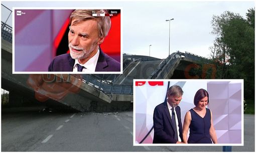 Sullo sfondo il ponte crollato e, in primo piano, il ministro Delrio ospite da Bianca Berlinguer a #cartabianca