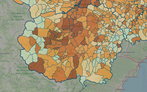 In marrone scuro evidenziati i centri con un indice di 18 positivi ogni 1.000 abitanti