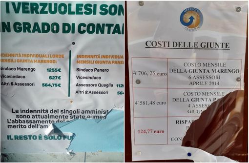 Da sinistra, i manifesti di “Verzuolo per tutti” e “Verzuolo bene comune” danneggiati