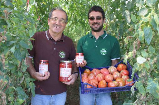 Franco e Lele Bressi in una serra dell'azienda con le confezioni di "Tumatì" e una cassetta di pomodori appena raccolti Franco e Lele Bressi in una serra dell'azienda con le confezioni di "Tumatì" e una cassetta di pomodori appena raccolti