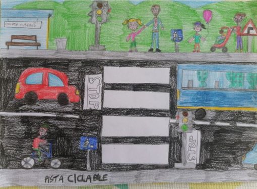 Disegno della classe 3A della primaria di Revello selezionato per il filmato dedicato alla campagna nazionale di educazione e sicurezza stradale “Disegna la tua strada sicura”