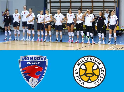 La Bam Mondovì (foto Luciano Pecchenino) e gli stemmi sociali delle due squadre