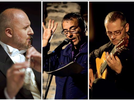 Davide Riondino- attore e cantautore, i musicisti: Stefano Maffizzoni al flauto e Andrea Candeli alla chitarra Davide Riondino- attore e cantautore, i musicisti: Stefano Maffizzoni al flauto e Andrea Candeli alla chitarra