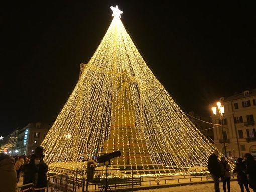 Il grande albero in piazza Galimberti, acceso la sera dell'8 dicembre 2021