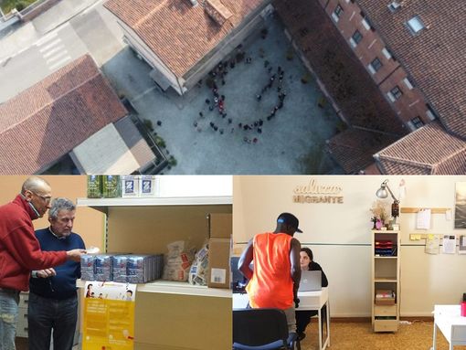 In alto l'inaugurazione dei nuovi locali di accoglienza nella Casa Madre Teresa di Calcutta, volontari dell'Emporio solidale e di Saluzzo Migrante