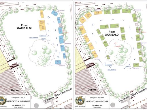 La disposizione dei banchi e l'accesso in piazza Garibladi rispettivamente  per i mercati di mercoledì e sabato
