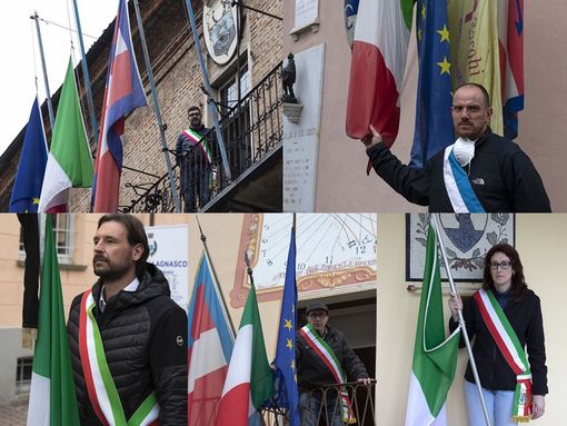 In foto: il sindaco di Saluzzo Mauro Calderoni e il pro sindaco Eros Demarchi, il sindaco di Lagnasco Roberto Dalmazzo, il sindaco di Pagno Nico Giusiano, il sindaco di Brondello Dora Perotto