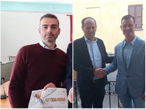 A sinistra l'ex assessore Alessandro Monaco, a destra il sindaco Beretta stringe la mano al nuovo assessore Erik Ambrosio