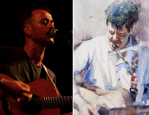 Mattia Calvo (a sinistra) e Matteo Castellano ritratto da Roberto Andreoli "street musician with guitar and kazoo" - Acquerello