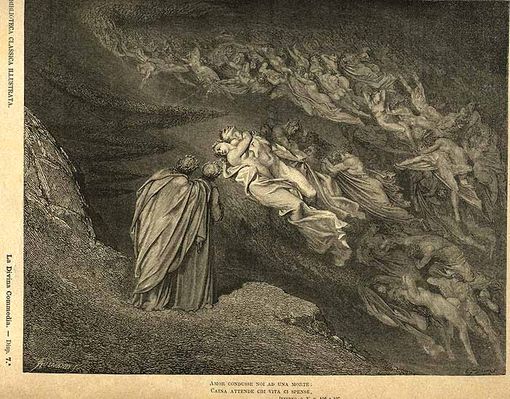 Una raffigurazione di Paolo e Francesca, tra i lussuriosi dell'Inferno dantesco