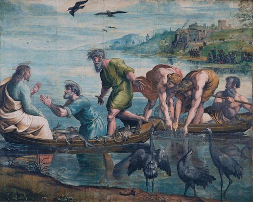 “Pesca miracolosa”, dipinto a tempera su carta di Raffaello Sanzio (1515-1516), Victoria and Albert Museum di Londra “Pesca miracolosa”, dipinto a tempera su carta di Raffaello Sanzio (1515-1516), Victoria and Albert Museum di Londra