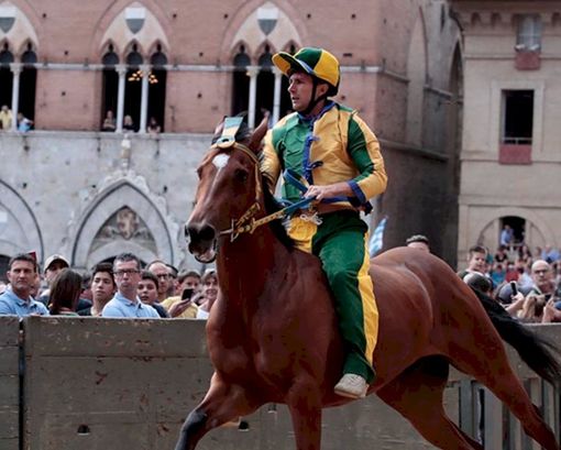 Mattia Chiavassa a Siena con i colori della contrada del Bruco