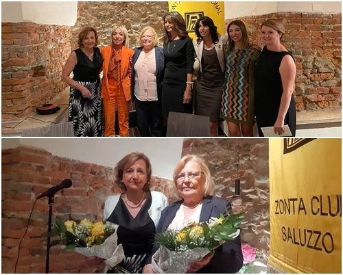 Il nuovo direttivo di Zonta Saluzzo con l'assessore Attilia  Gullino. Sotto la nuova presidente Zonta Saluzzo Tiziana Somà e la past president Anna Maria Gavatora