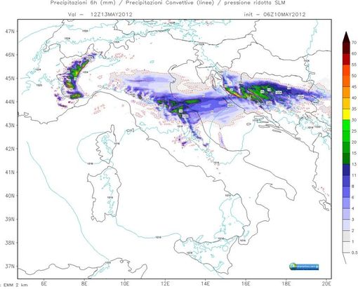 Le precipitazioni previste nelle prime ore del 13 maggio