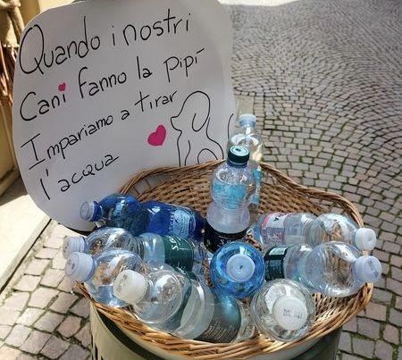 Saluzzo, in via Gualtieri bottigliette d'acqua a disposizione dei passanti da versare sulla pipì dei cani Saluzzo, in via Gualtieri bottigliette d'acqua a disposizione dei passanti da versare sulla pipì dei cani