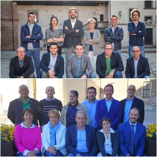 In alto la compagine di Roberto Dalmazzo, candidato a sindaco di Lagnasco. In basso la lista di Riccardo Ghigo, candidato sindaco di Scarnafigi