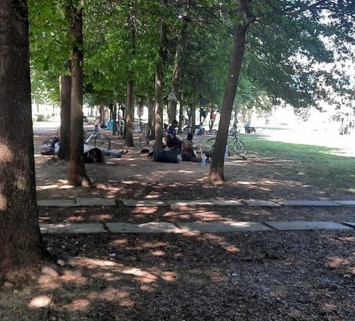 Stagionali accampati nel Parco Gullino a Saluzzo in uno scatto di qualche giorno fa