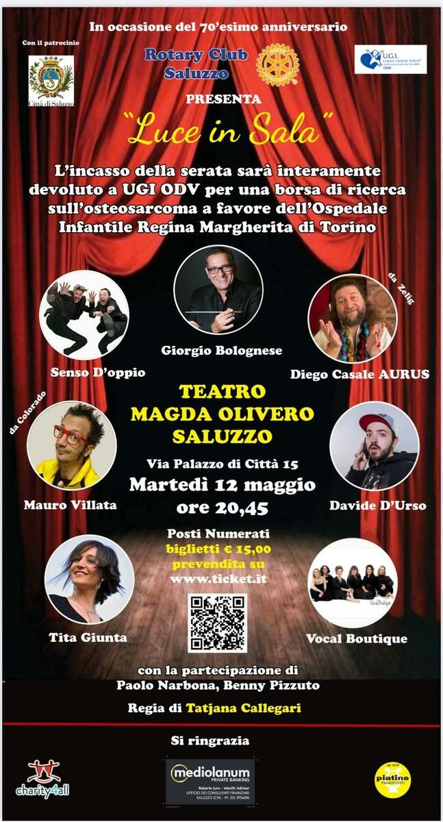 La locandina dello spettacolo Luce in sala, promosso dal Rotary Saluzzo per la ricerca medica del'osteosarcoma dell'ospedale Regina Margherita di Torino