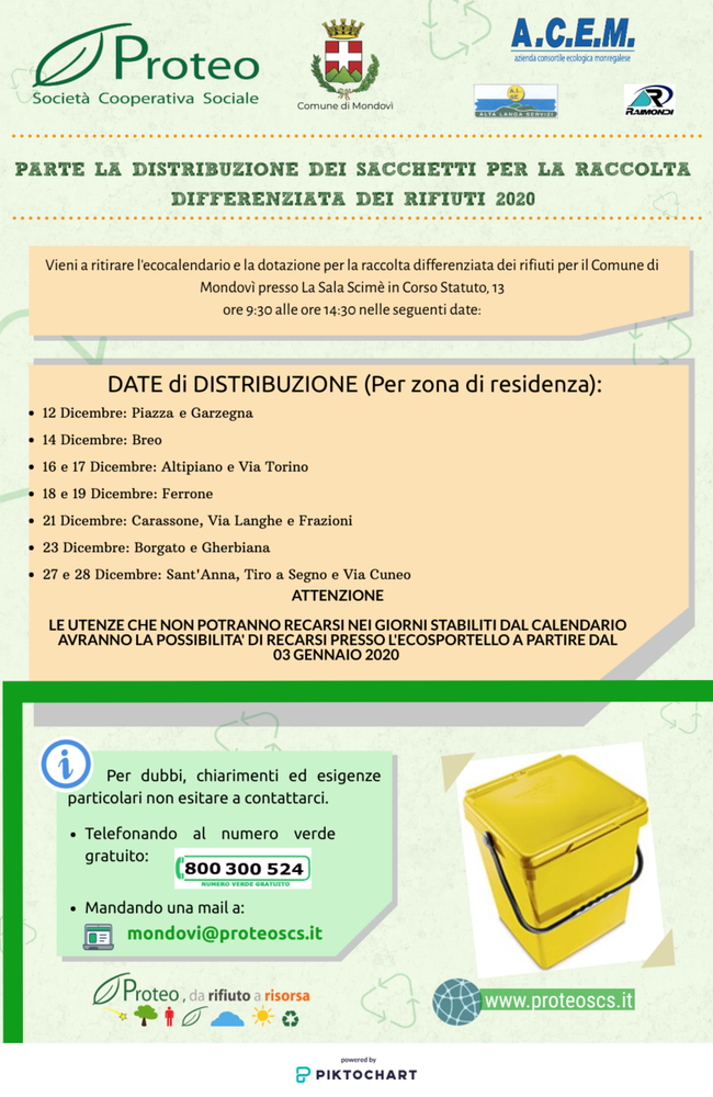 Mondovì: al via la distribuzione dei sacchetti per la raccolta differenziata 2020