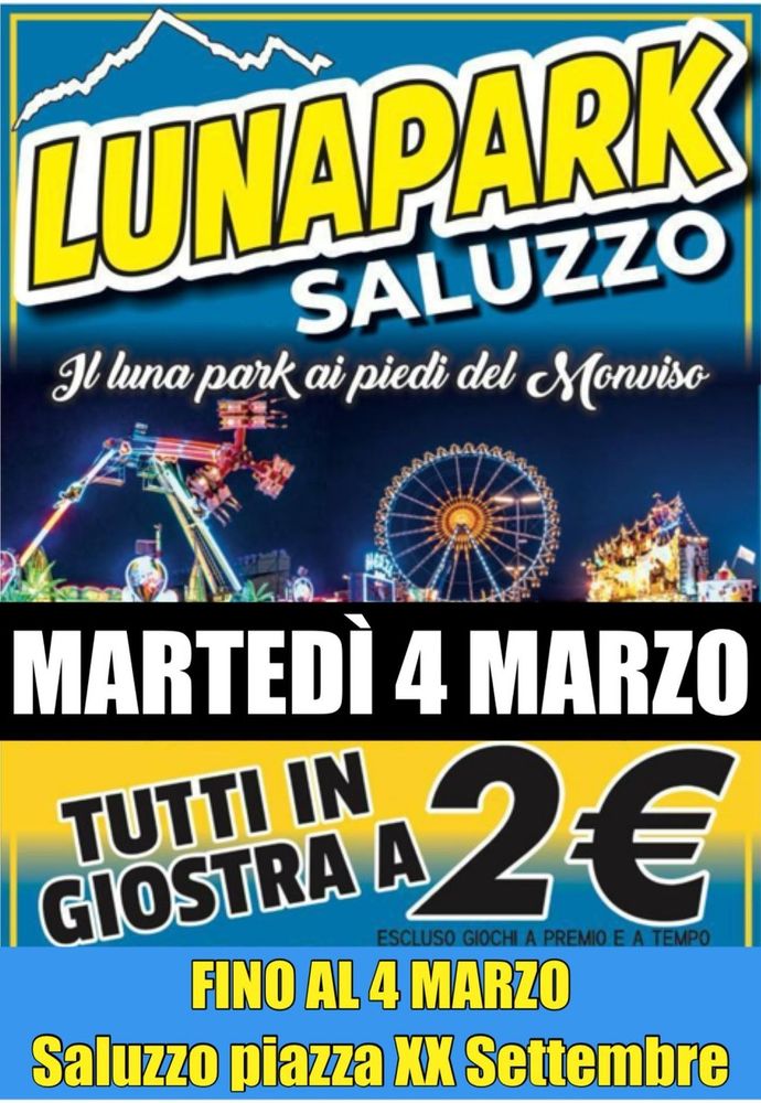 Luna Park Saluzzo 2025: divertimento fino al 4 marzo con super promo per il Martedì Grasso! Luna Park Saluzzo 2025: divertimento fino al 4 marzo con super promo per il Martedì Grasso!