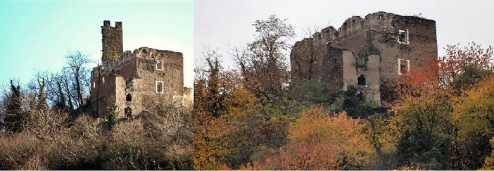 Il castello prima e dopo il crollo (Foto tratte dal sito www.prolocorossana.com)