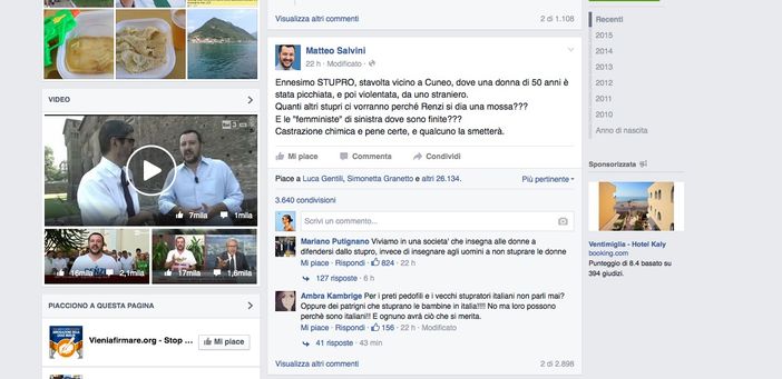 Su Facebook Matteo Salvini interviene sullo stupro avvenuto a Cuneo e chiede la castrazione chimica