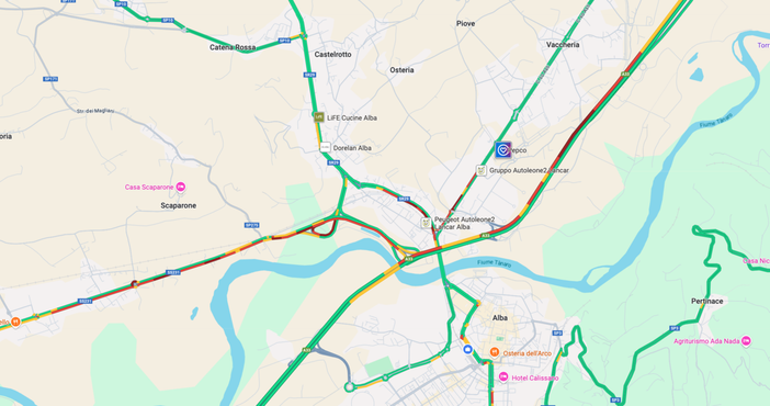 La situazione della viabilità attorno ad Alba alle 8.20 di questa mattina