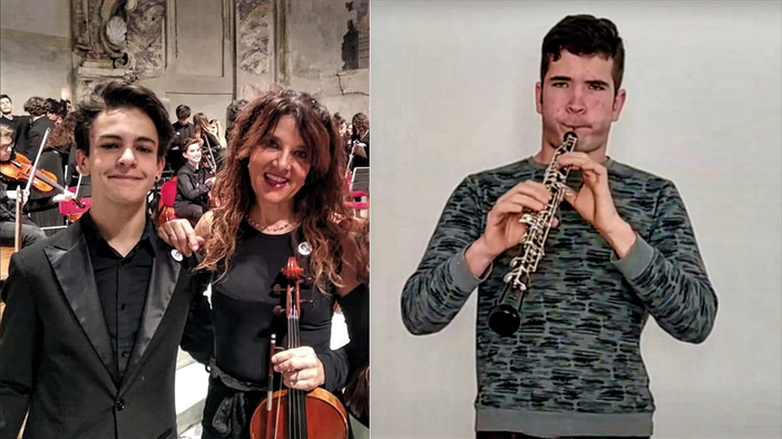 A sinistra:Giovanni Piacenza con la docente Isabella Slamig. A destra: Georgij Tarasov